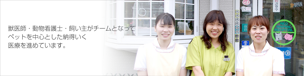 獣医師・動物看護士・飼い主がチームとなってペットを中心とした納得行く医療を進めています。